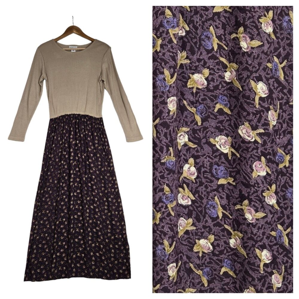 Unknown Brand Floral Maxi Dress with Taupe Knit Bodice